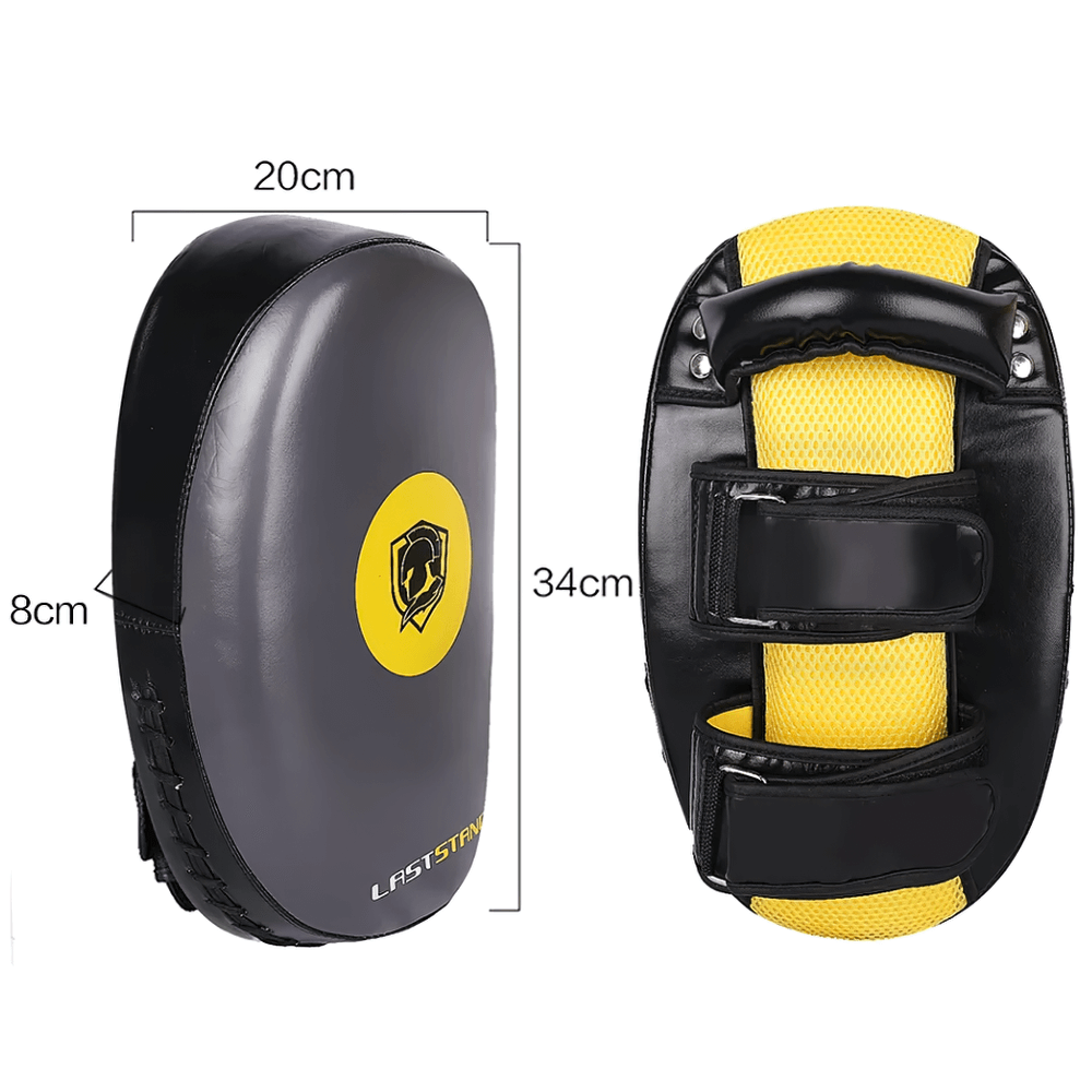 Muay Thai kick pads with dual arm straps and grip bars, perfect for martial arts training, featuring mesh panel and dense padding.