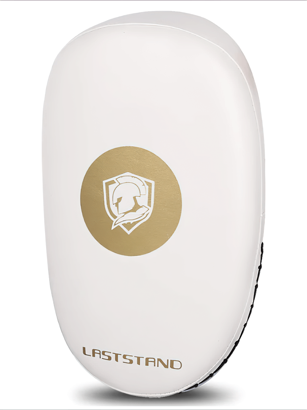 Muay Thai kick pad with dual arm straps, sleek white design, dense padding, perfect for martial arts training and workouts.