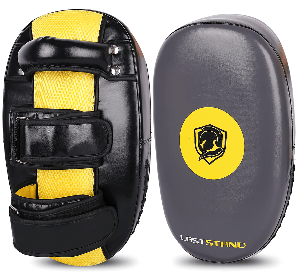 Muay Thai kick pads with dual arm straps, designed for martial arts training, featuring dense padding and breathable mesh panel.