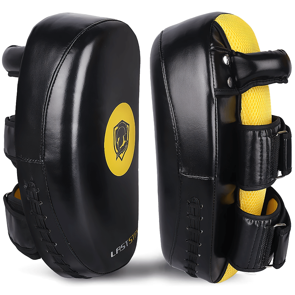 Muay Thai kick pads with dual arm straps, dense padding, and mesh panel for airflow, perfect for MMA, kickboxing, and martial arts training.