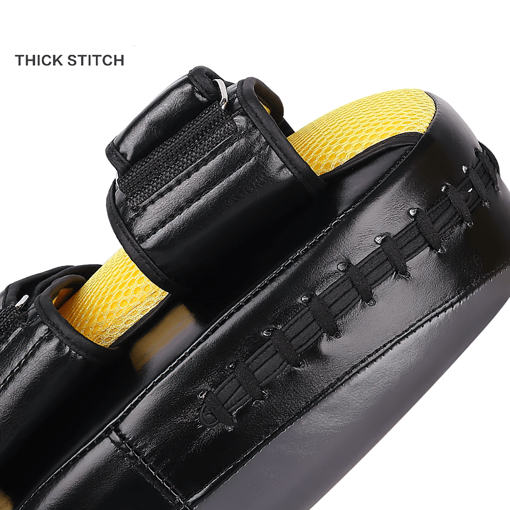 Close-up of Muay Thai kick pad showing thick stitching and dual arm straps, SF3151, perfect for martial arts training.
