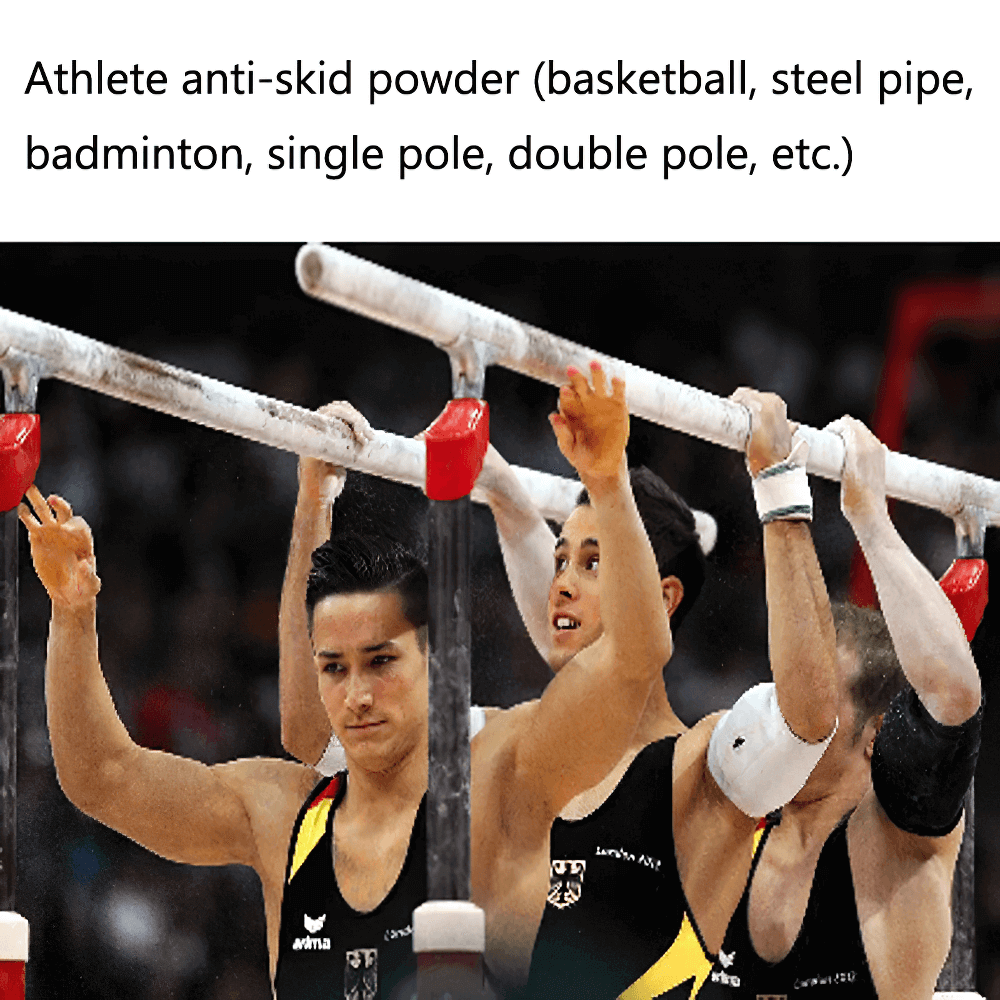 Athletes using sports magnesium chalk block for training on gymnastics parallel bars