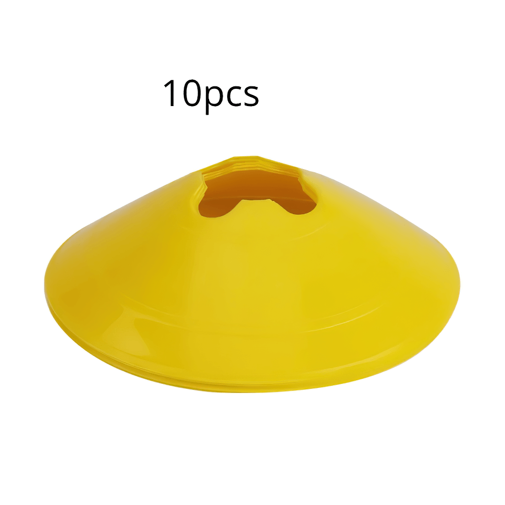 10 pcs set of yellow training cones for football agility drills, made of durable wear-resistant material, perfect for sports training.