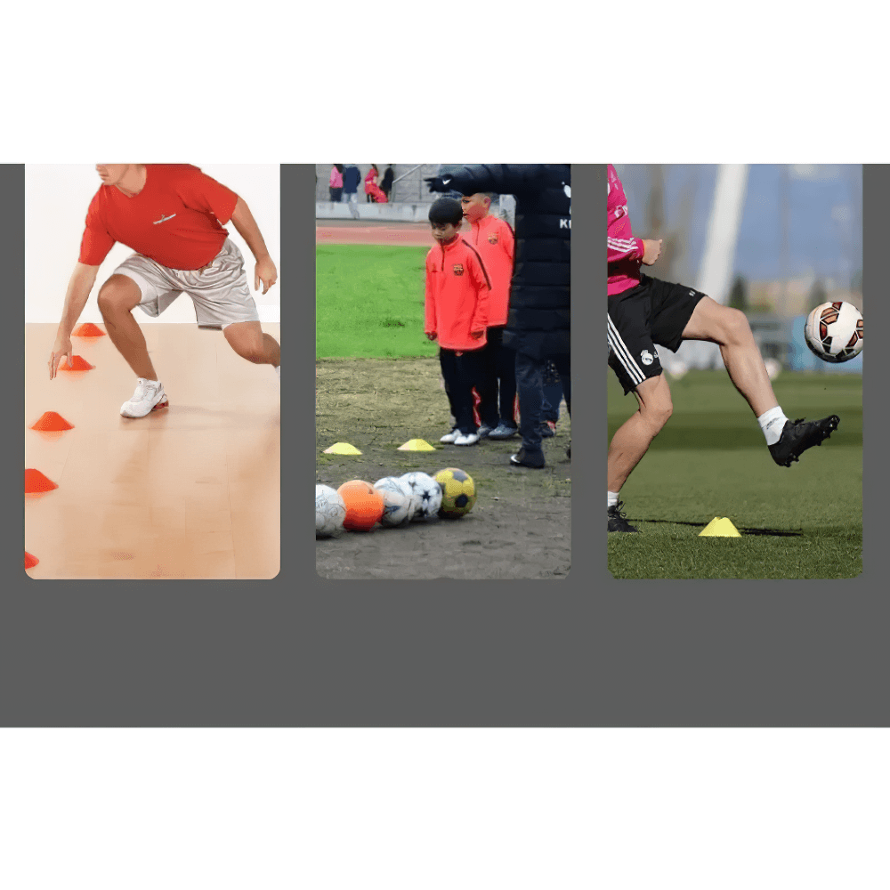 Athletes showcasing football training drills using vibrant PE agility cones for speed, coordination, and skill enhancement.