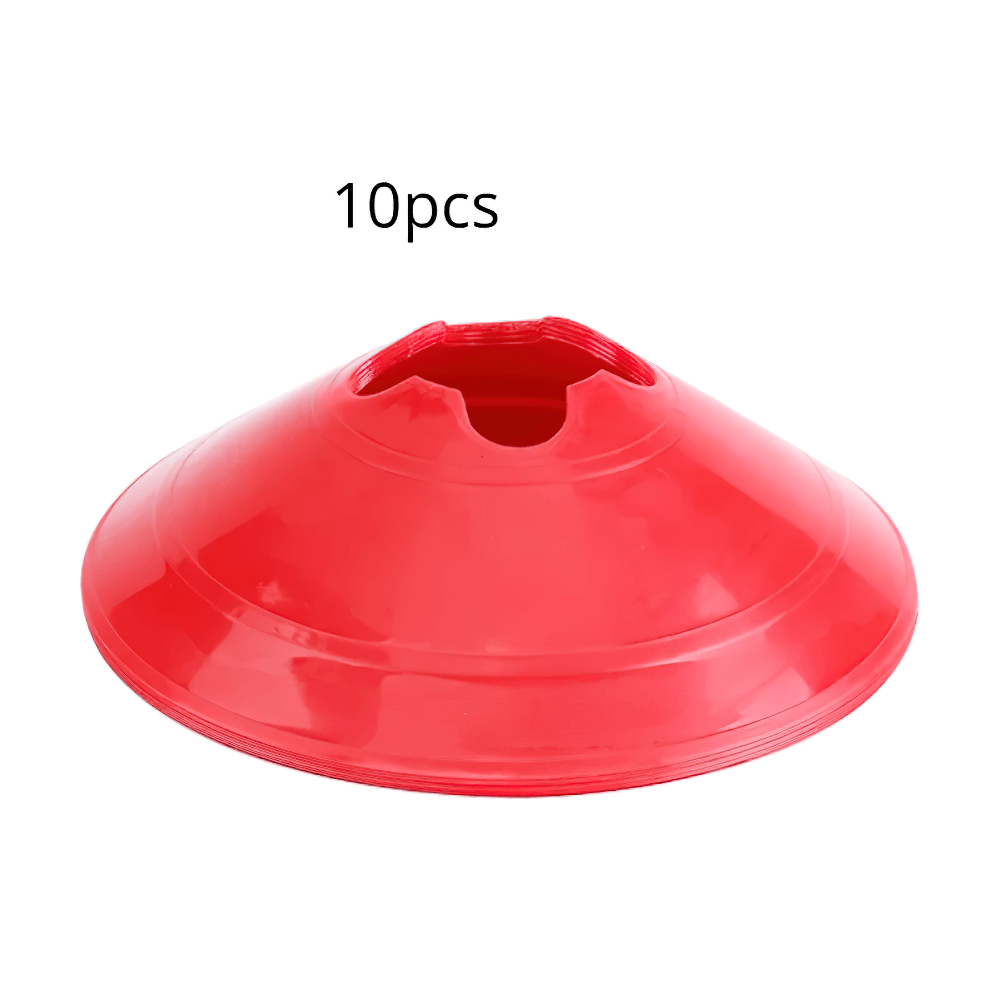 10 pcs set of red football training cones for agility drills, durable PE, wear-resistant, and anti-slip design for sports practice.
