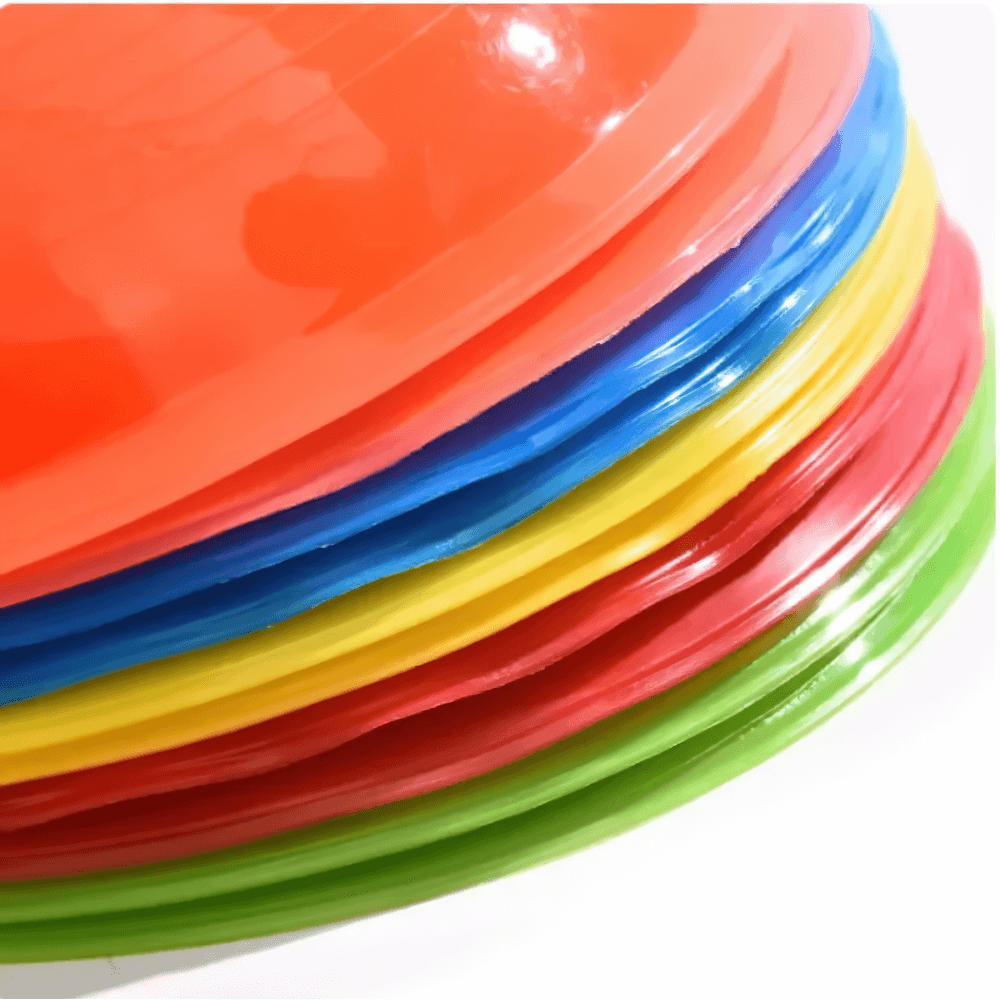 Vibrant 10 pcs set of PE training cones for agility drills in red, blue, yellow, and green for football and sports practice - SF3206