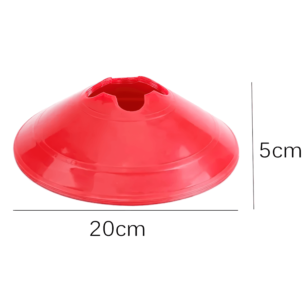Red training cone showing dimensions of 20cm width and 5cm height, ideal for football agility drills and sports training sessions.