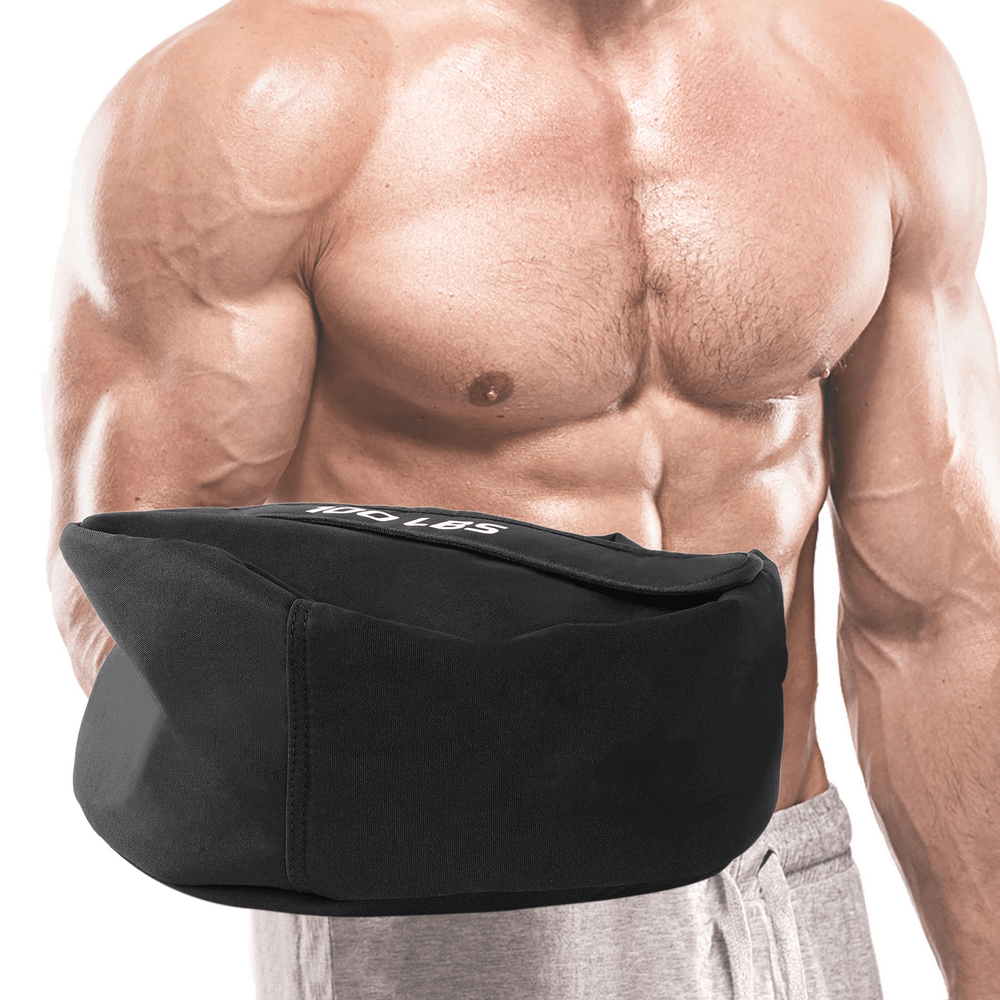 Strongman holding 100 LB heavy-duty training sandbag for fitness workouts, ideal for power and endurance boosting exercises.