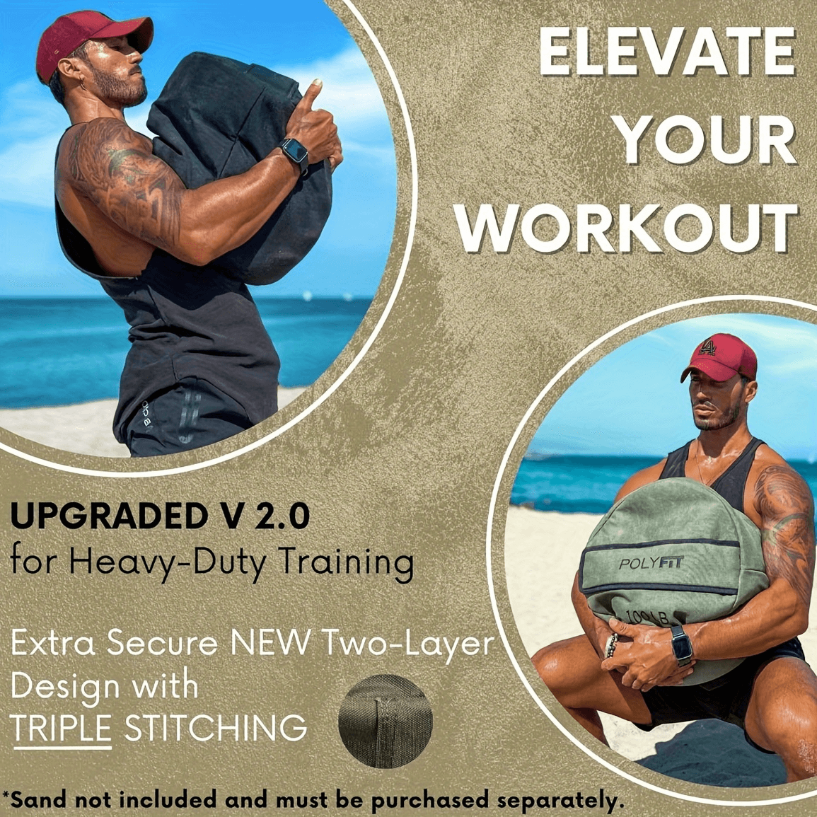 Man using Heavy Duty Sandbag for weight training on the beach, showcasing upgraded design and triple stitching for secure workouts.