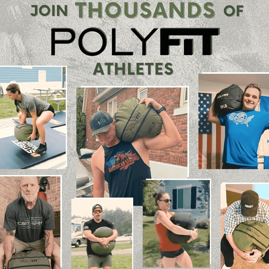 Collage of athletes using Polyfit sandbags for functional fitness outdoors and indoors.