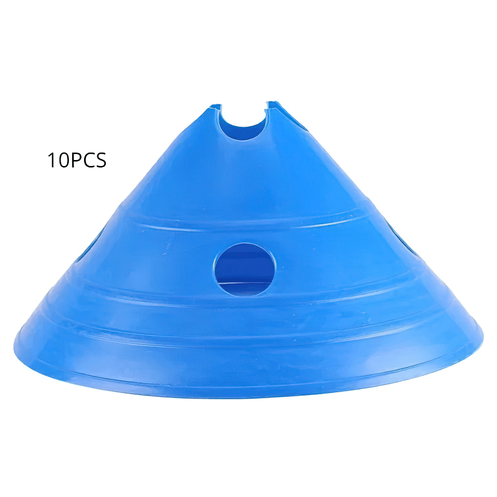 Blue marker cone used for soccer and agility training, 10-piece set, durable plastic with stacking holes, ideal for sports drills