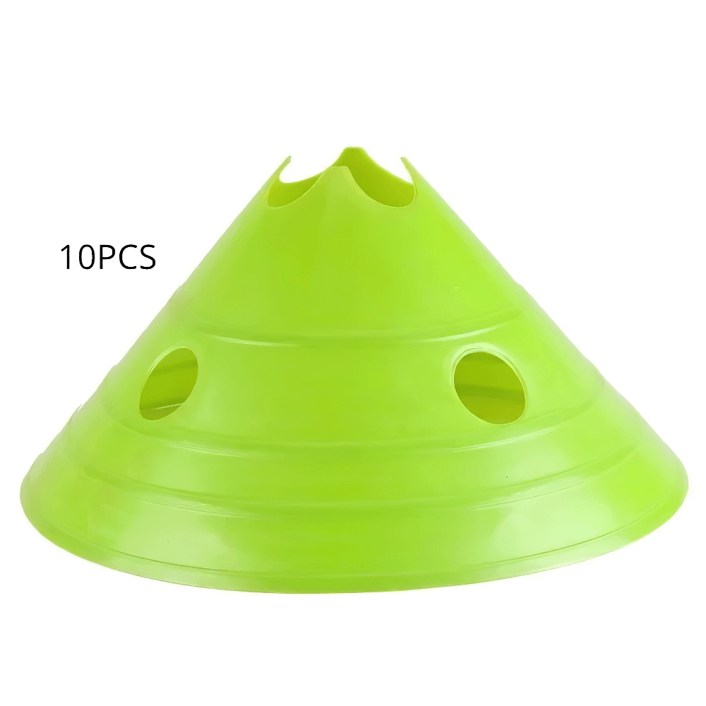 10pcs set of green agility training cones with holes, ideal for soccer and football drills, durable and easy to stack, model SF3217.
