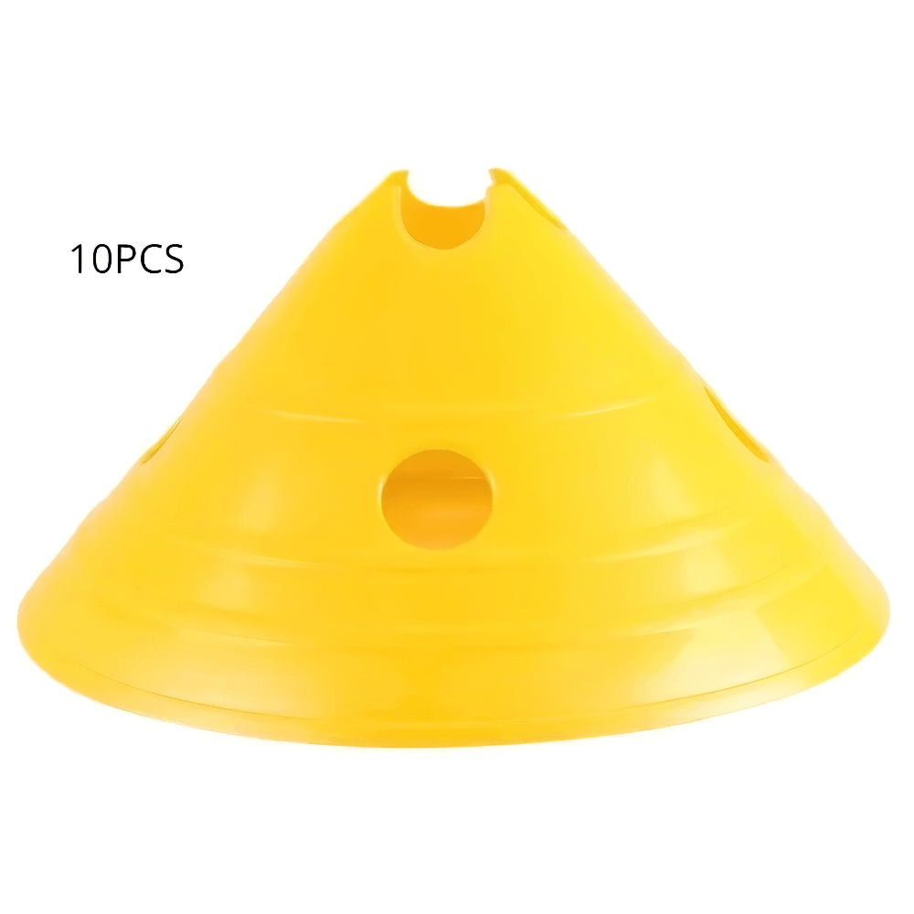 Yellow marker cone from 10pcs set for agility training in sports like soccer and football, featuring durable plastic with stacking holes.
