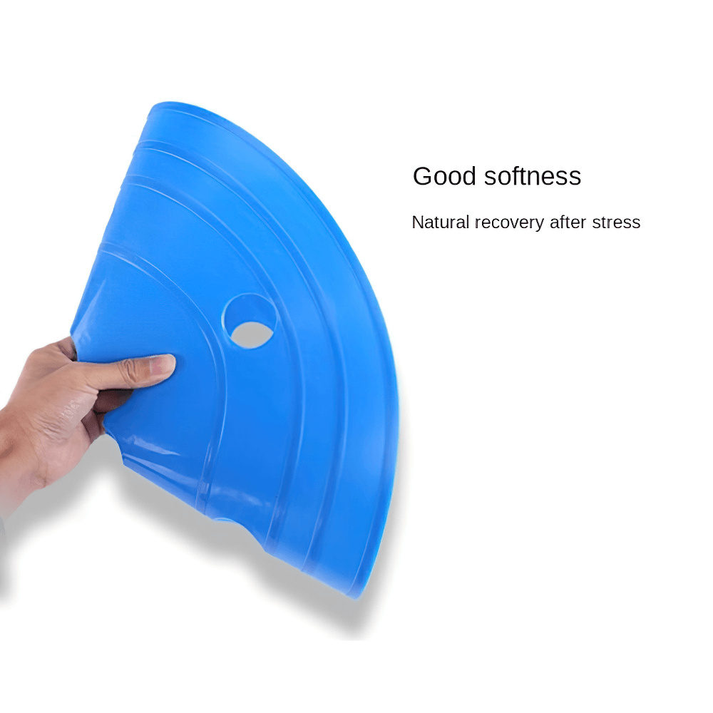 Person flexing a blue sports marker cone with text highlighting good softness and natural recovery after stress.