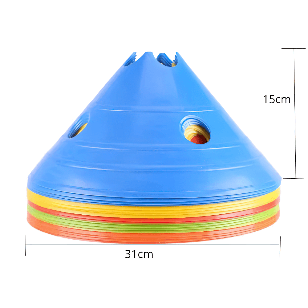 Colorful 15cm marker cones set for sports agility training, featuring durable plastic and stackable design, perfect for drills.