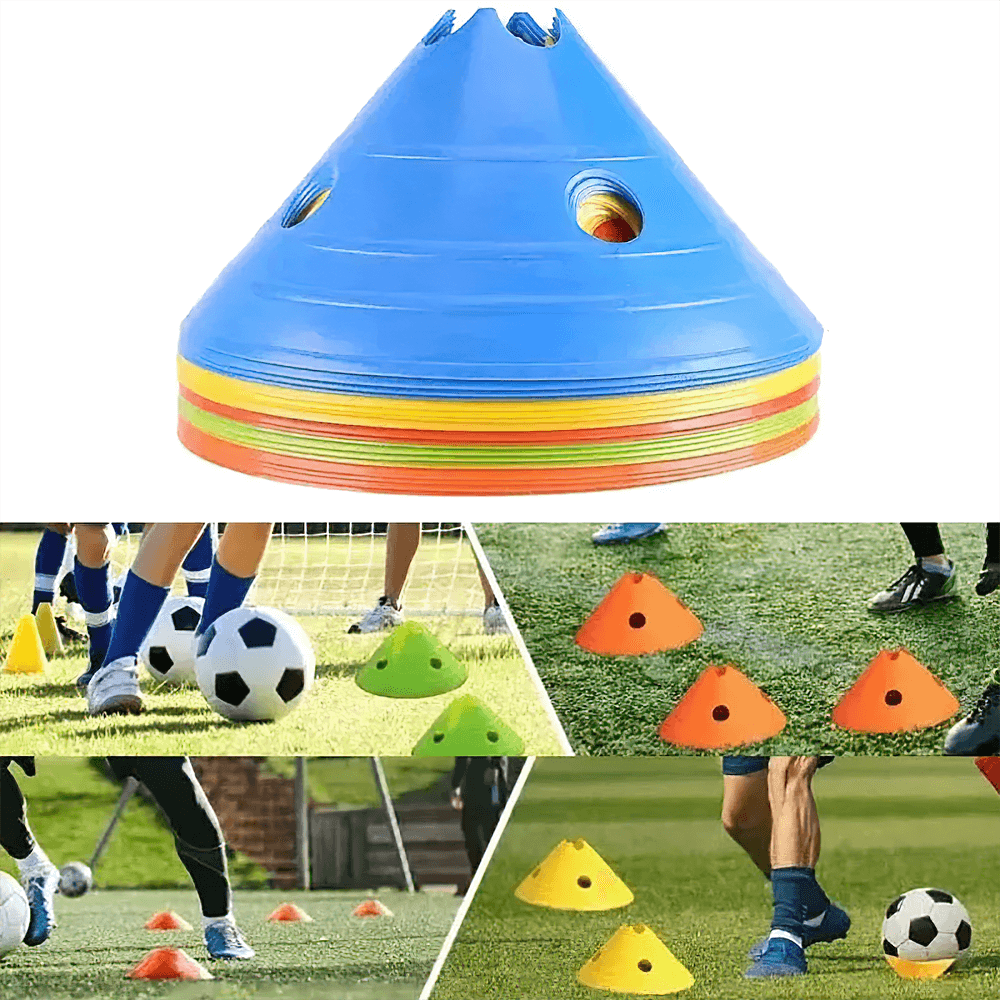 Set of 10 colorful 15cm cones for agility drills and sports training in soccer, football, and basketball. Durable and stackable design.
