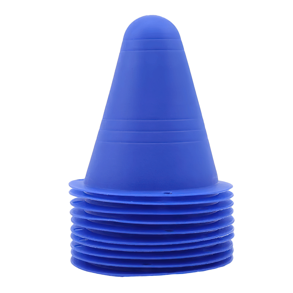 10pcs set of blue soft cones for soccer and skating, perfect for practice drills. Lightweight, stackable, and made from flexible material.