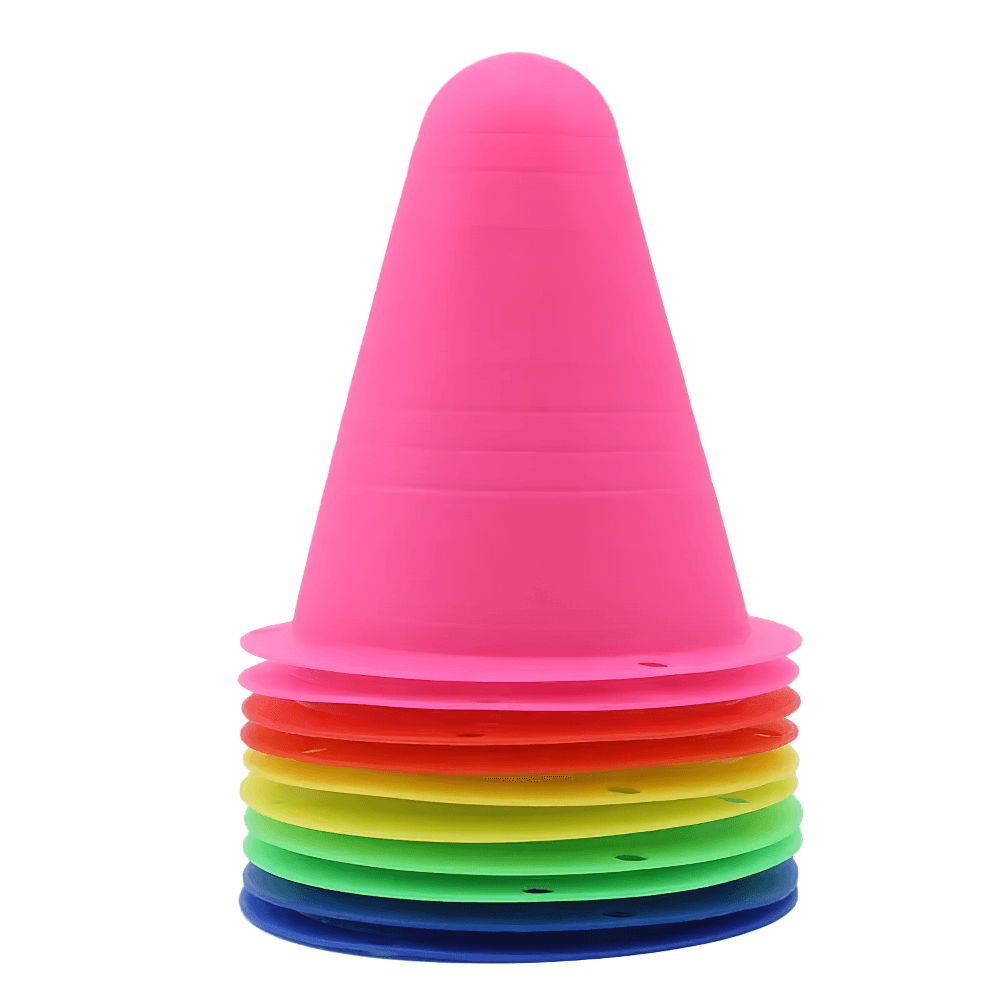 Colorful 10-piece set of soft training cones for soccer, skating, and sports drills, perfect for agility and coordination practice.