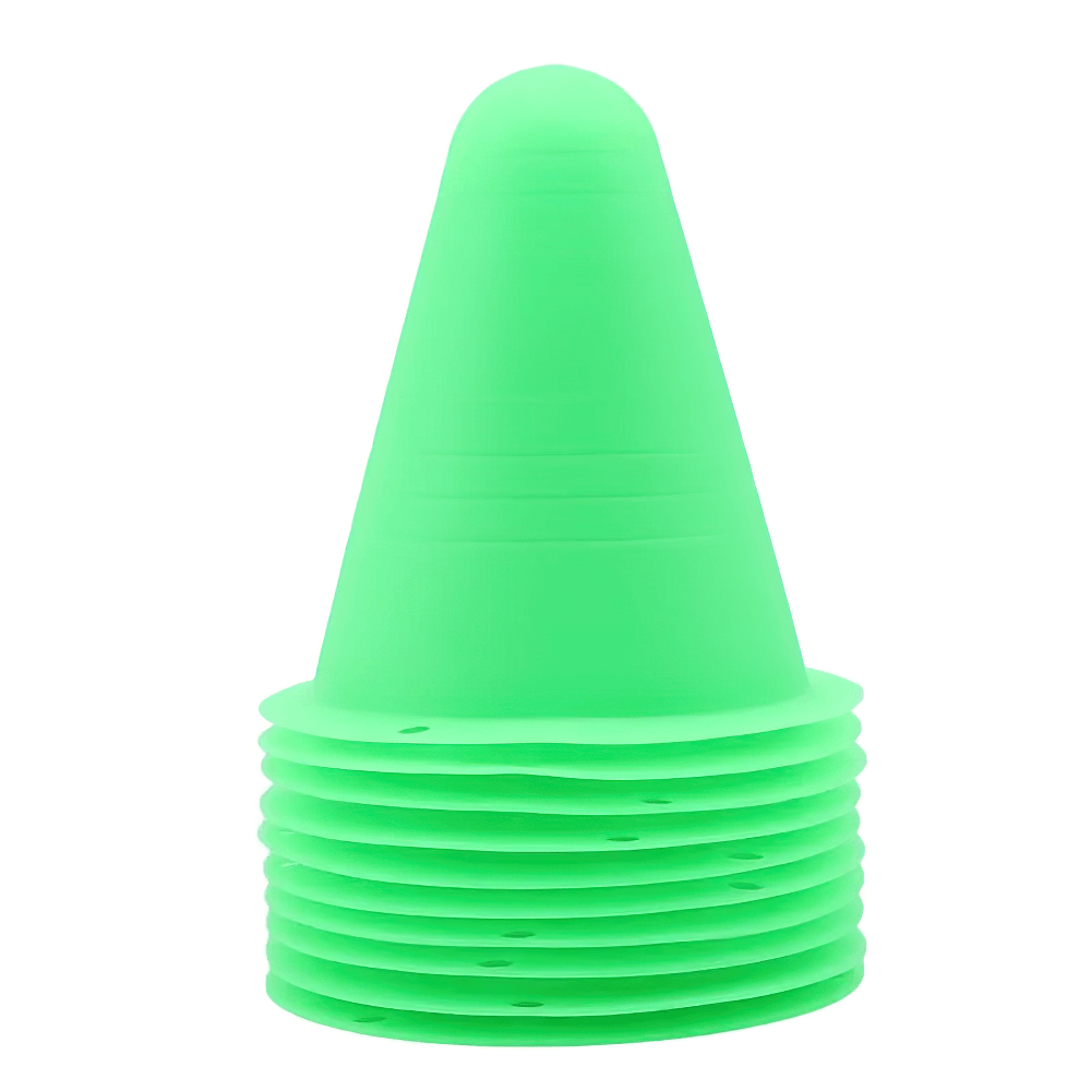 Stack of green soft training cones for soccer and skating, perfect for sports drills and agility exercises, 10pcs set SF3178.