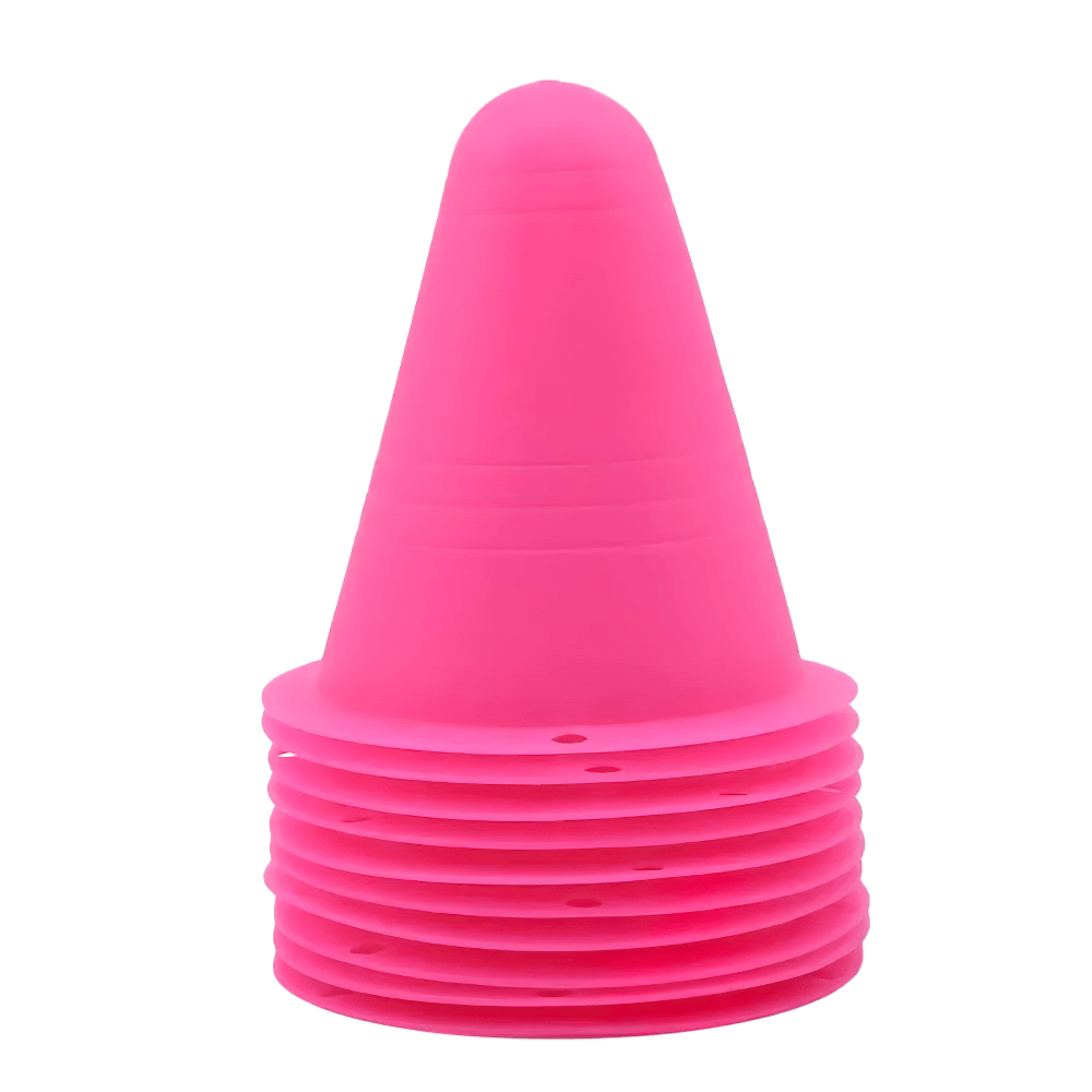 10pcs set of pink soft training cones for soccer, football, and skating drills, ideal for agility and coordination practice.