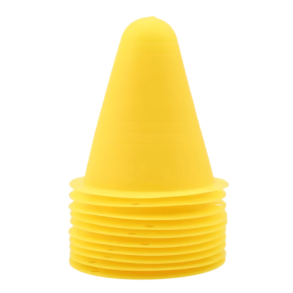 Stack of vibrant yellow soft cones for soccer, roller skating, and agility training - perfect for kids' sports and obstacle courses.