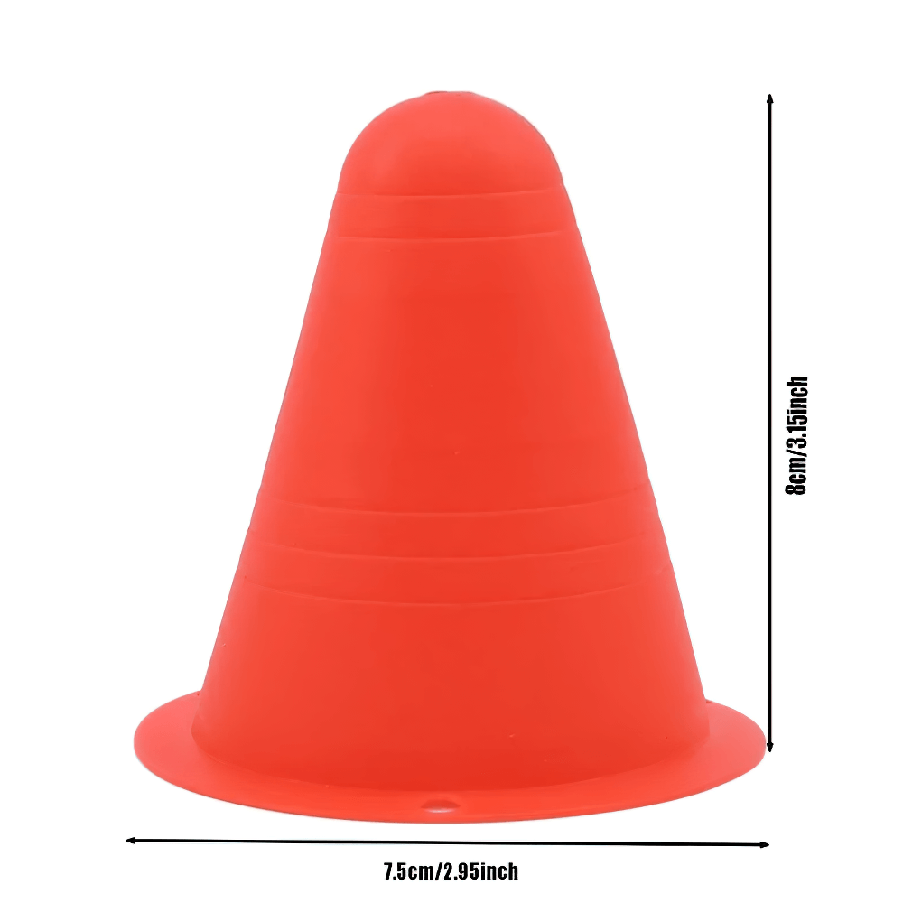 Soft red cone from 10pcs training set for soccer, skating, and sports practice. Lightweight and stackable with dimensions shown.