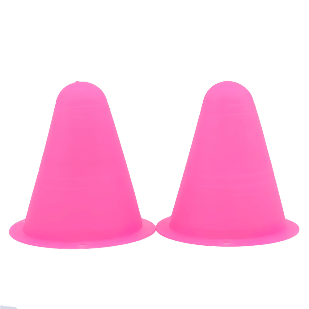 Two pink soft training cones for soccer and skating drills, part of a 10pcs set boosting agility and balance in sports practices.