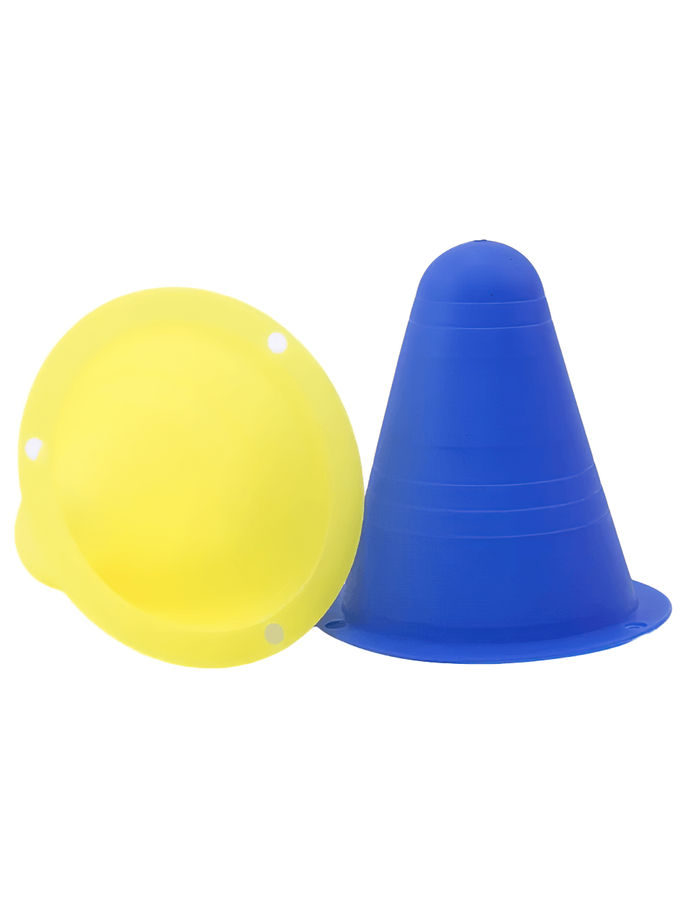 Yellow and blue soft training cones for soccer and skating, perfect for agility and coordination drills. Flexible and stackable design.