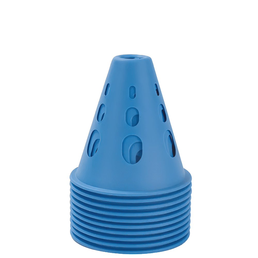 Set of 10 blue windproof road cones with multiple holes for soccer, skating, and training drills. Ideal for outdoor and stadium use.