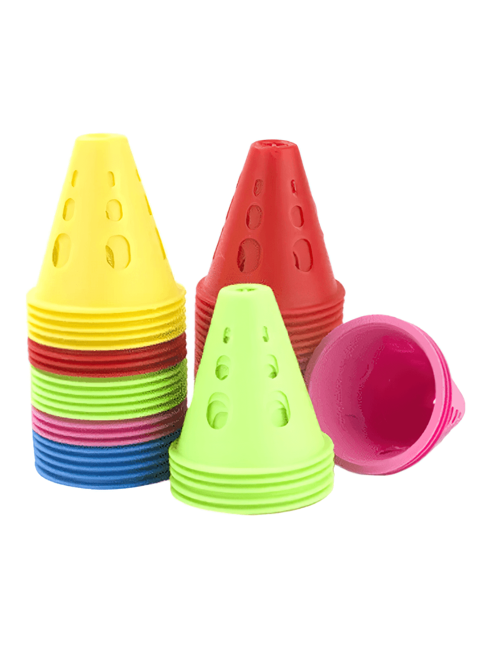 Stack of colorful windproof cones for soccer and skating training, with multiple holes and sturdy design, perfect for outdoor use.