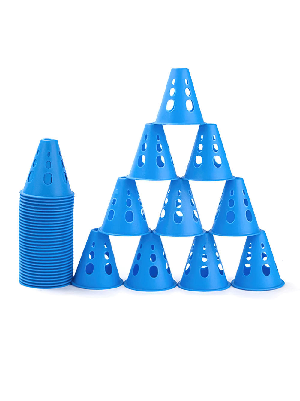Stack of blue windproof road cones with holes for agility training, perfect for soccer and skating, durable thickened plastic.