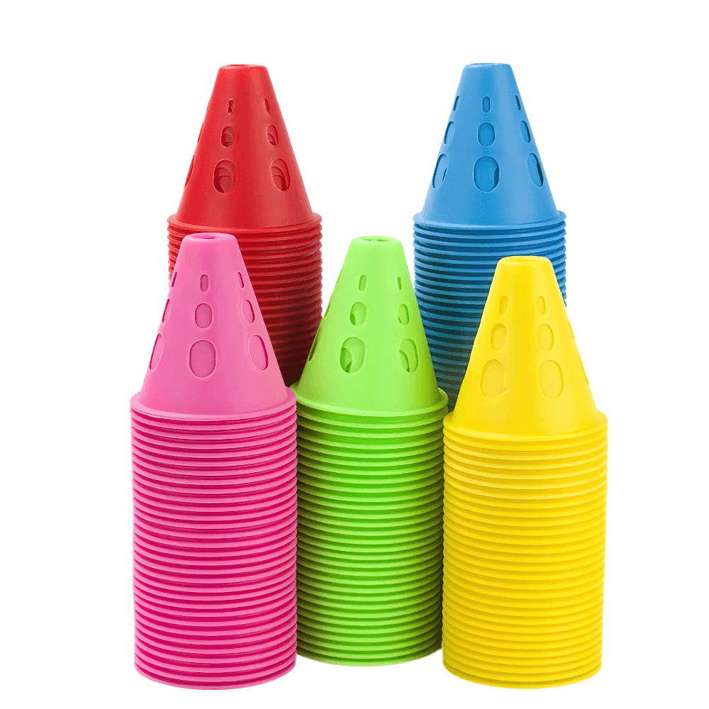 Colorful windproof road cones for soccer, skating. Stack of 10, multiple holes, durable for training and stadium setups. Model SF3181.