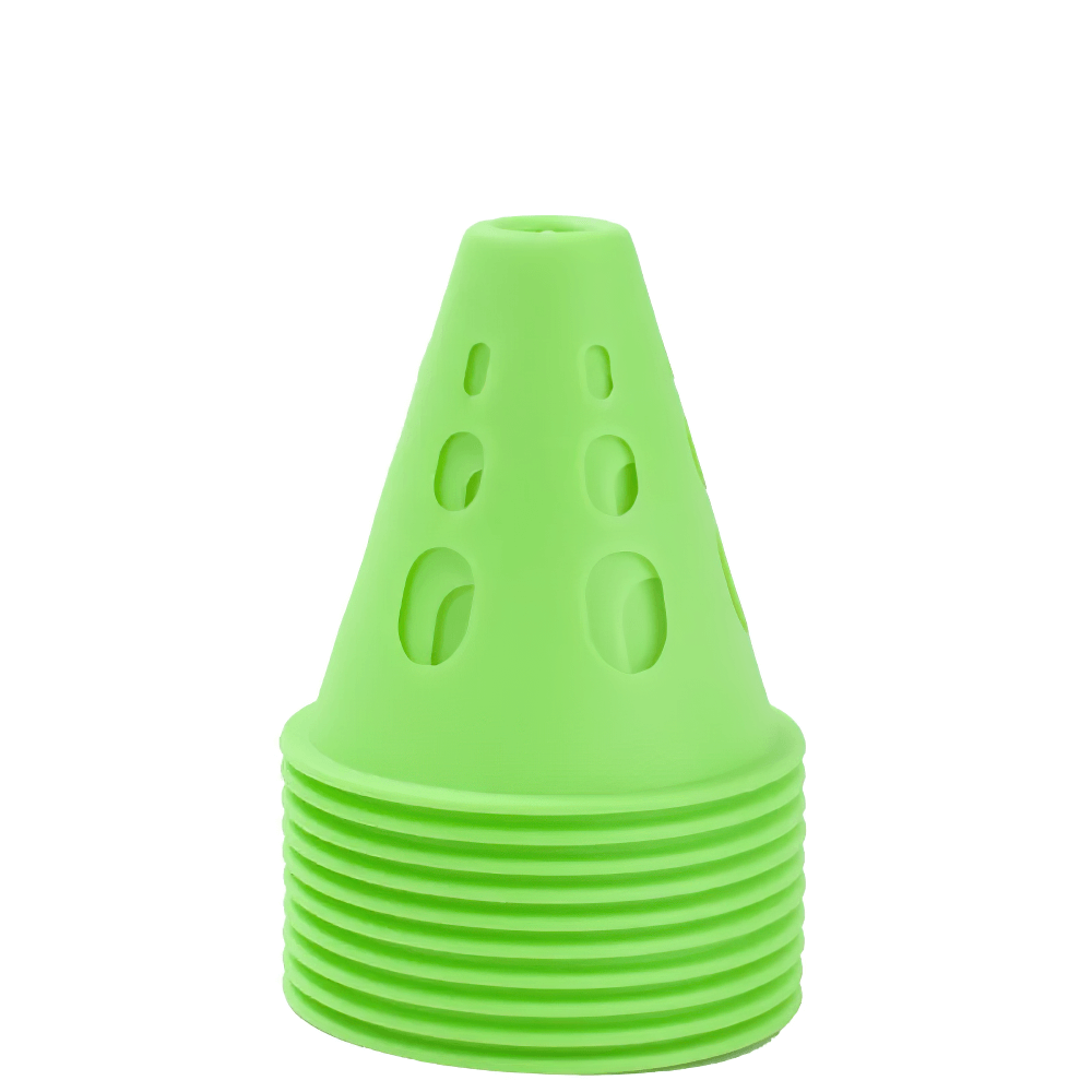 Set of 10 green windproof road cones with holes, ideal for soccer training and skating, made of thickened plastic for stability.
