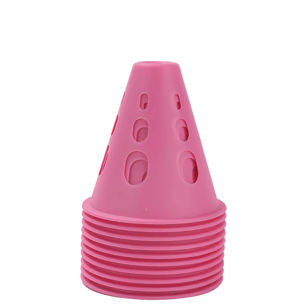 10pcs windproof road cones in pink for soccer and skating, featuring versatile holes, ideal for training and stadium setup. Model SF3181.