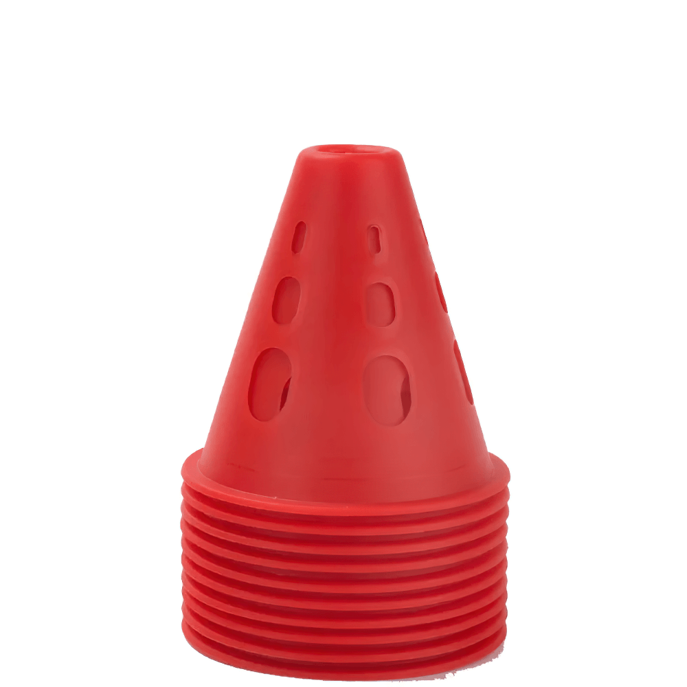 10pcs windproof red road cones for soccer and skating training, SF3181, perfect for obstacle drills with versatile hole design.