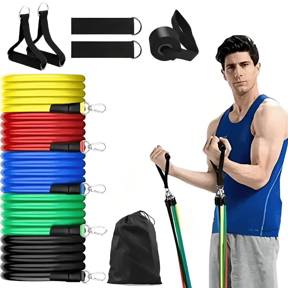 Man using 11-piece resistance band set for full-body workouts in home gym with colorful fitness bands and accessories.