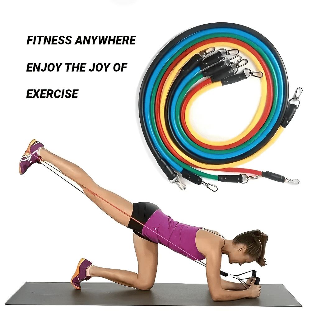 Person exercising with colorful 11-piece resistance band set for full-body workout, showcasing versatility and fitness benefits.