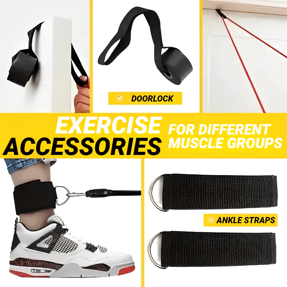 Exercise accessories including doorlock for bands, ankle straps, and adjustable grips for versatile full-body workouts.