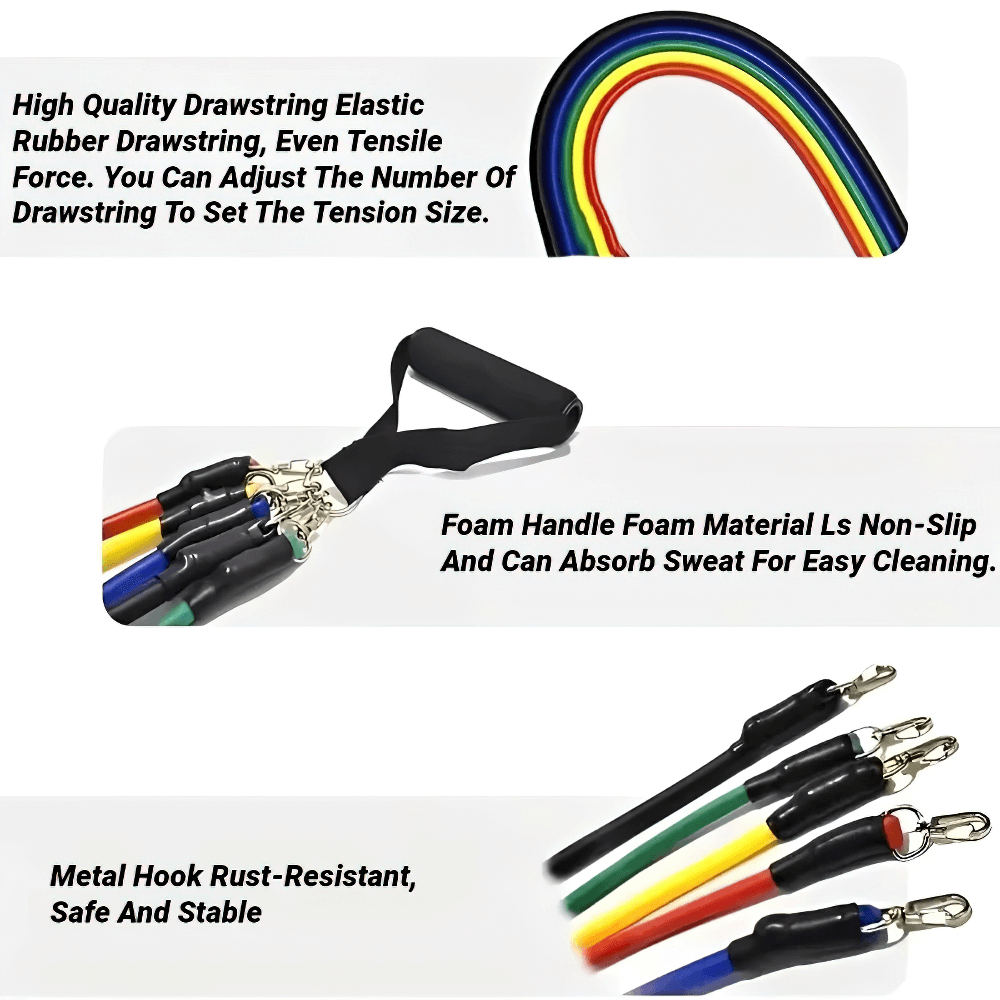 11-Piece Resistance Band Set with foam handles and adjustable tension for home workouts. Includes durable bands with metal hooks.