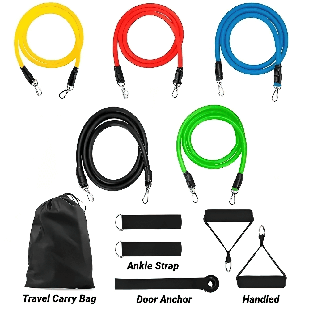 11-Piece Resistance Band Set with handles, straps, and carry bag for versatile full-body workouts