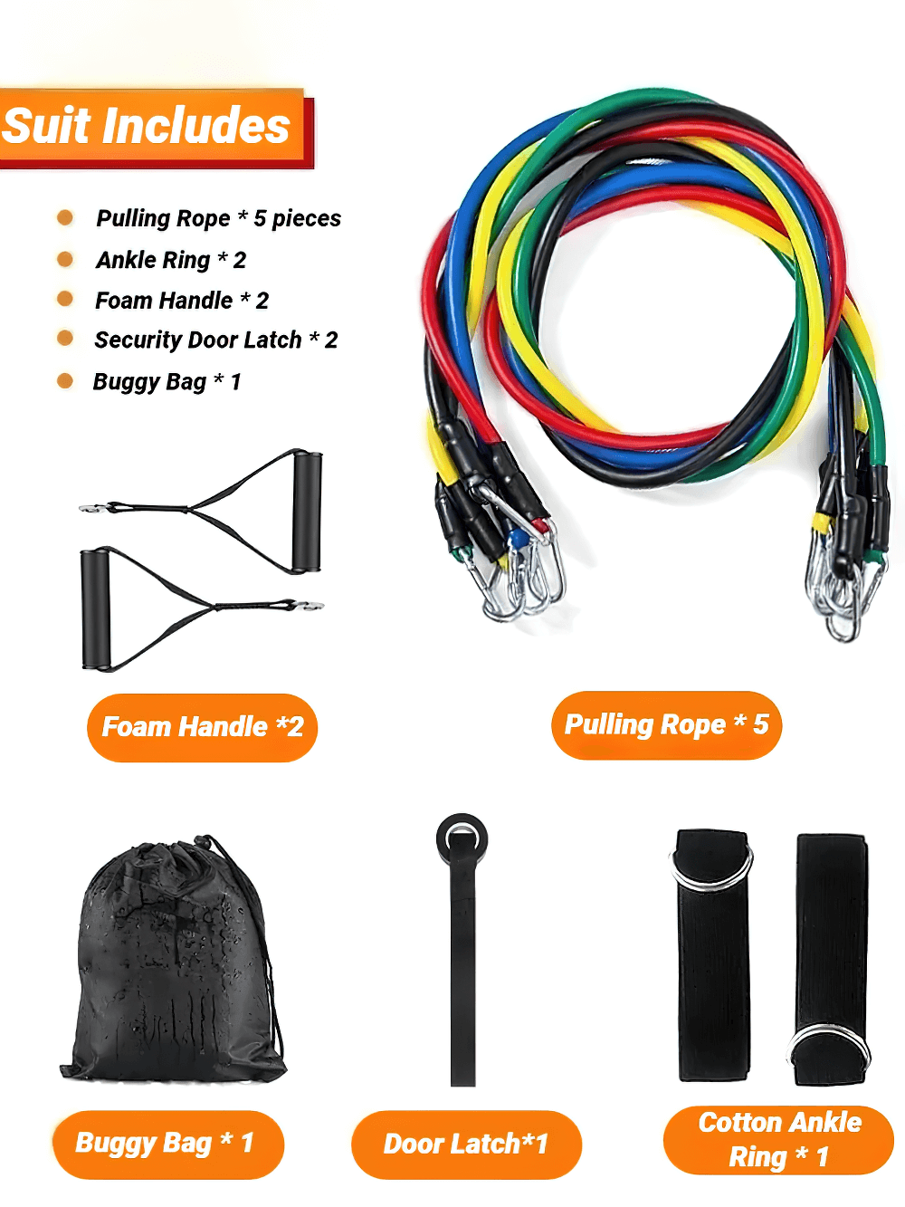 11-piece resistance band set with foam handles, ankle rings, door latch, carrying bag for full-body workouts - SF3416