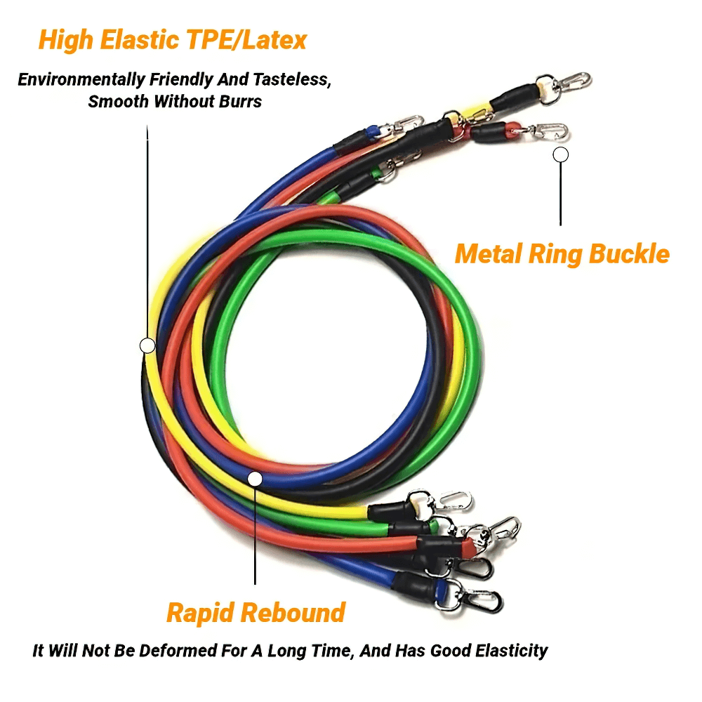 Colorful resistance bands set with metal ring buckle featuring high elastic TPE/latex, designed for durability and rapid rebound.