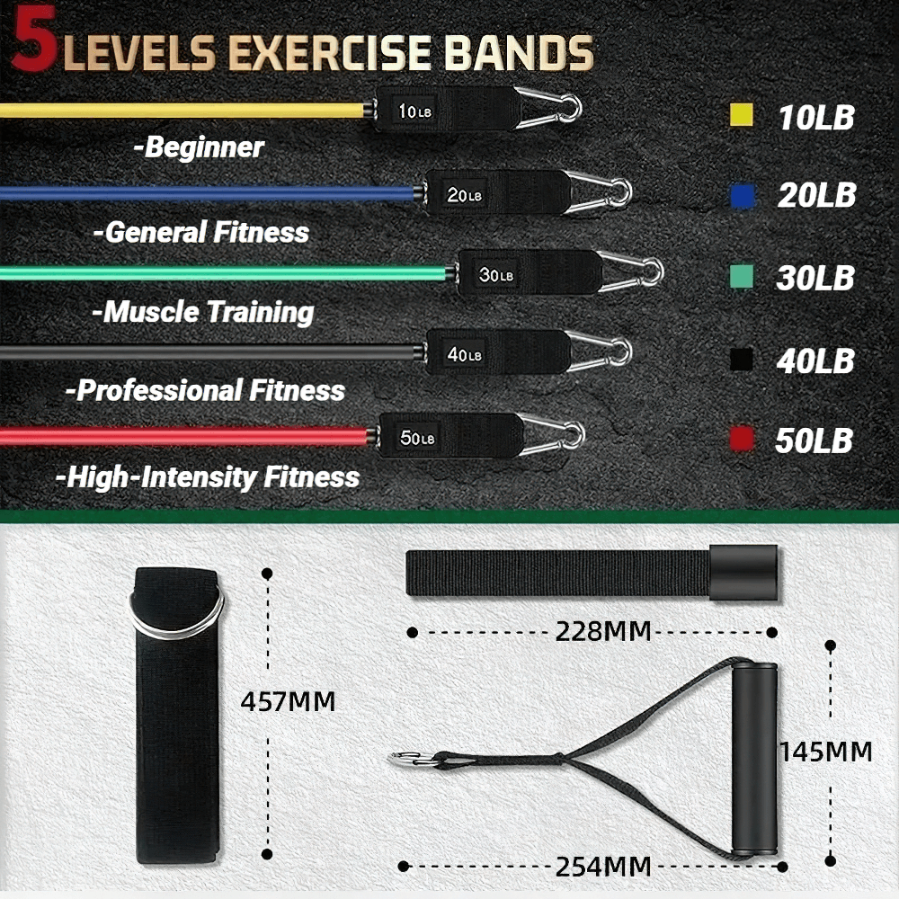 5-level resistance bands for full-body workouts, includes 10-50LB bands, handles, and straps for versatile exercise. Model SF3416