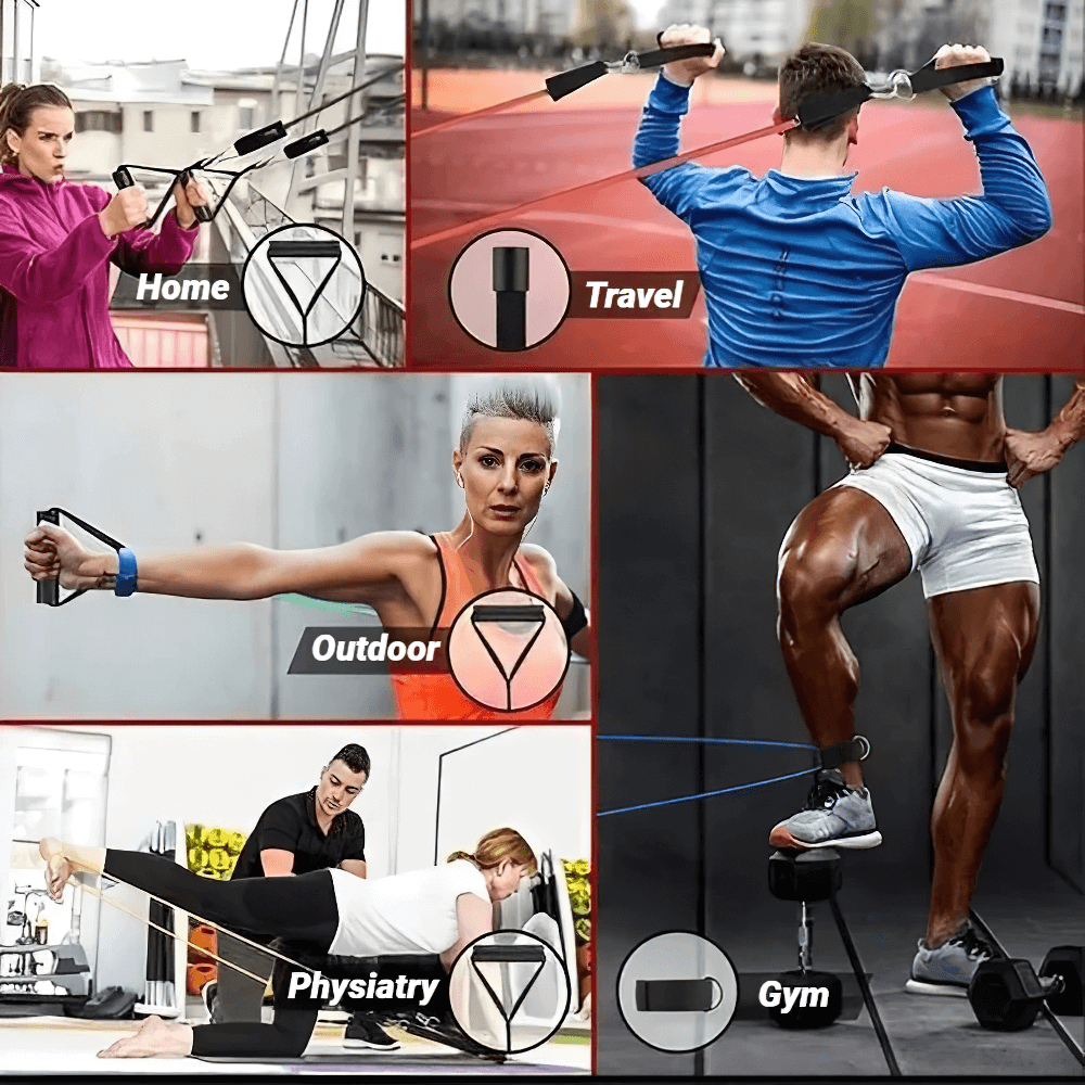 People using 11-piece resistance band set for workouts at home, outdoors, and gym, demonstrating versatility and strength training.