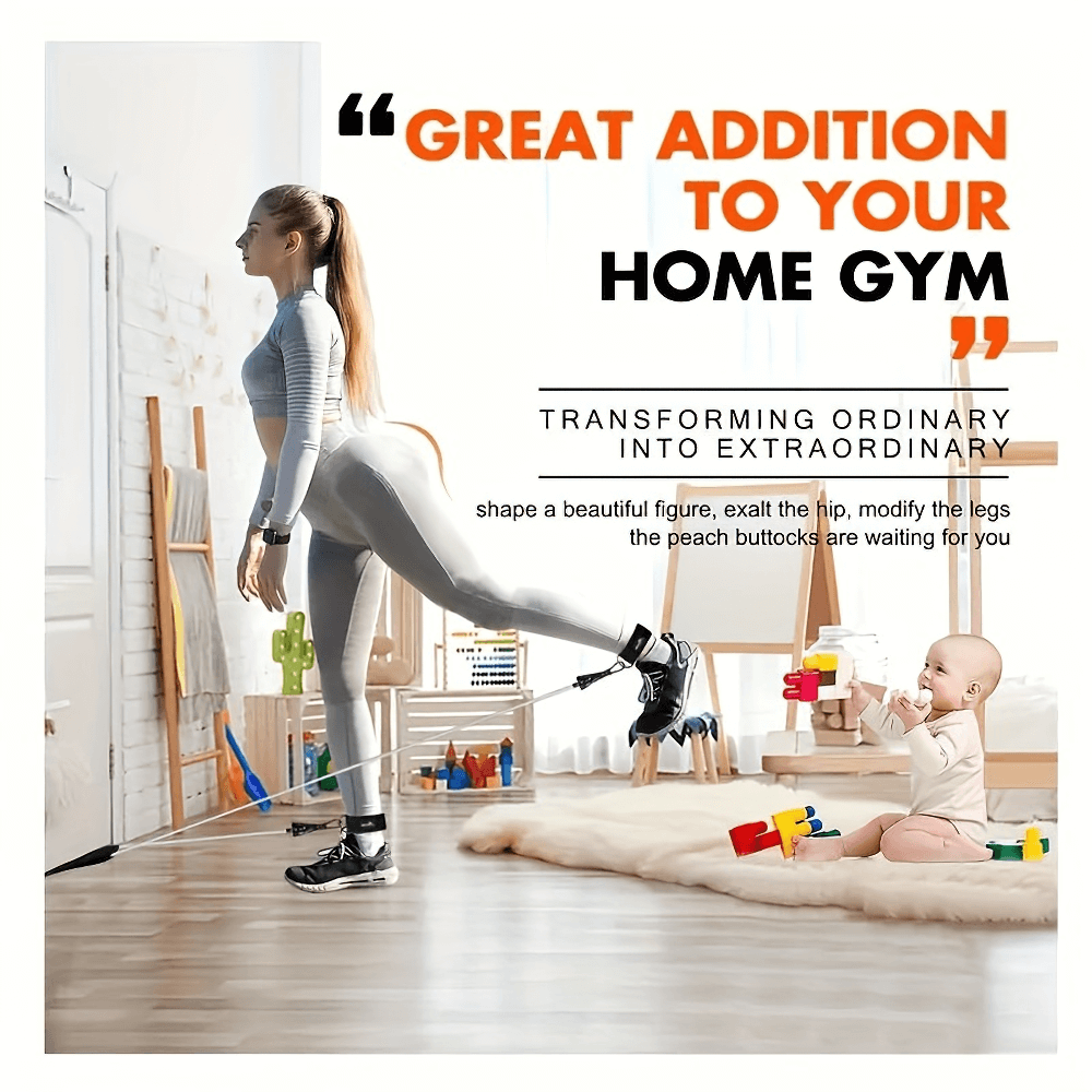 Woman using a resistance band for home workout while baby plays nearby, promoting fitness equipment as a great home gym addition.