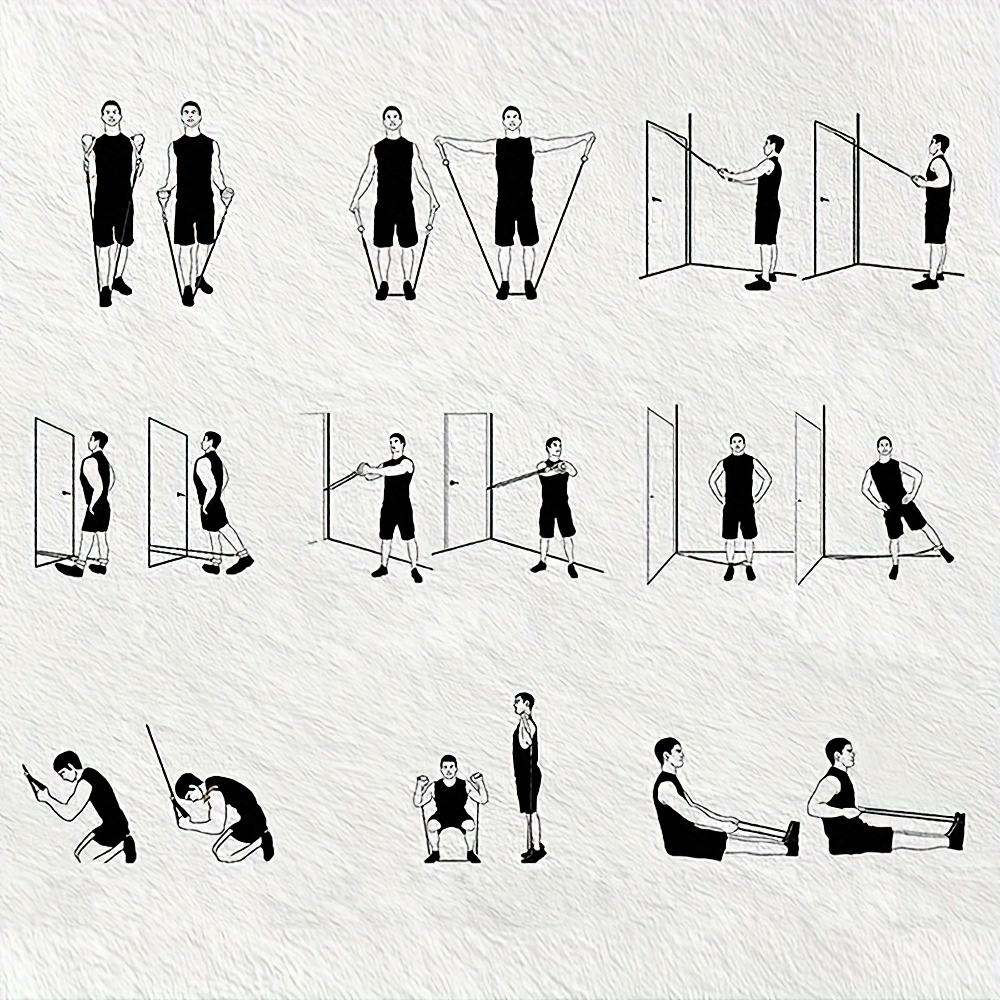 Illustration of exercises using a resistance band set, showing various workout positions for home gym routines.