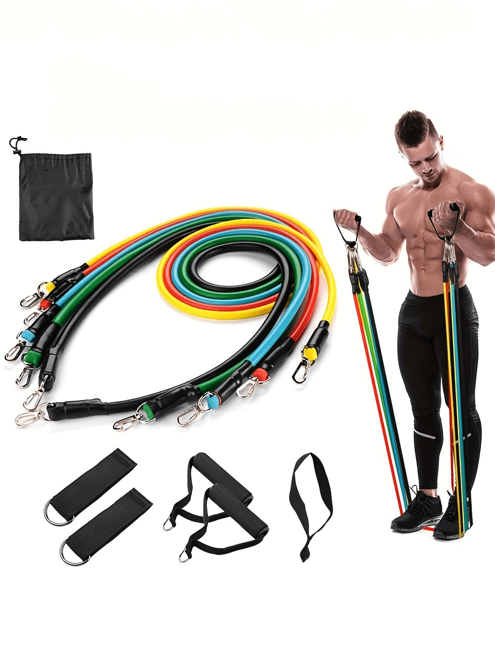 11pc colorful resistance band set with handles, ankle straps, and carry bag for home and gym workouts - Model SF2965.