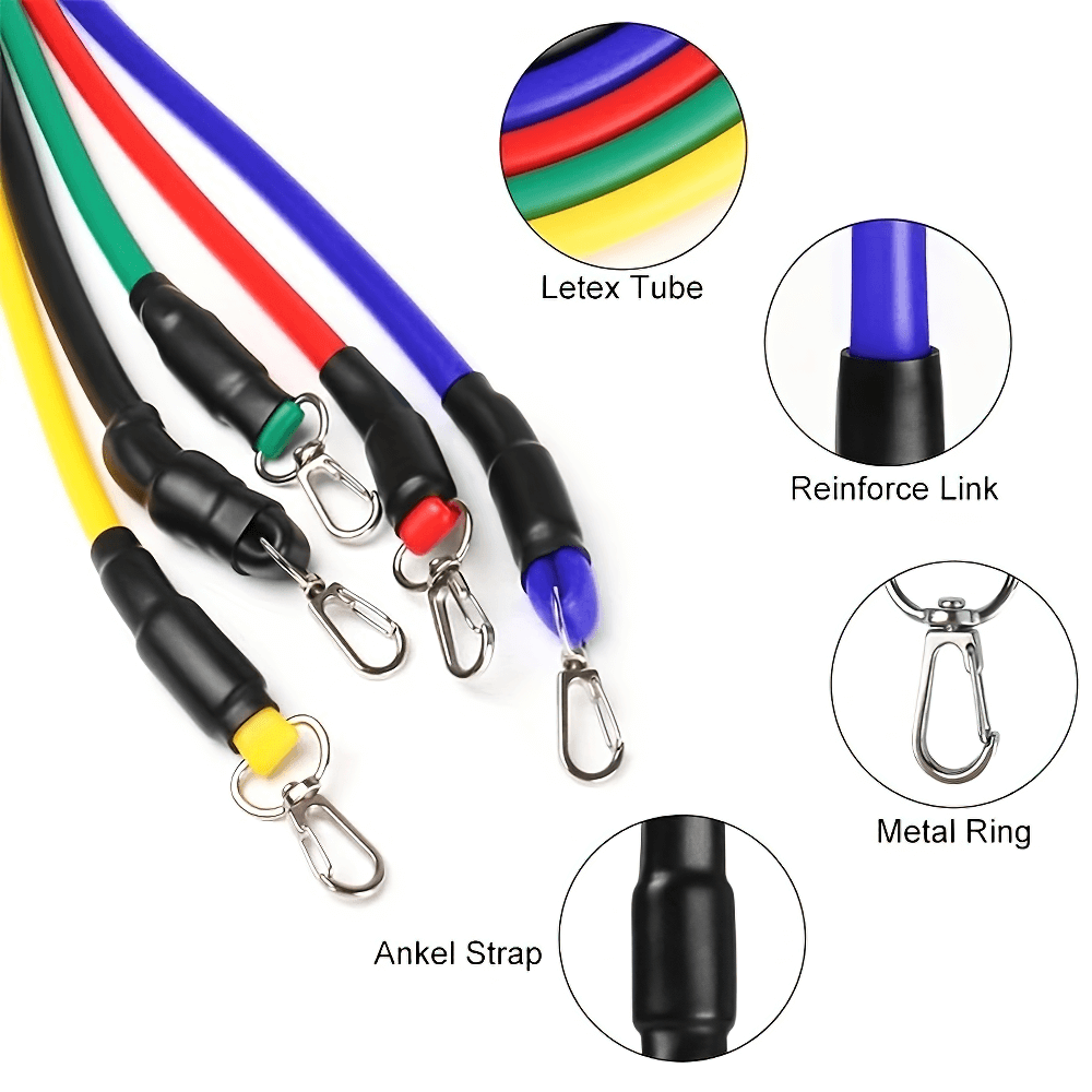 11pcs colorful resistance band set with metal links and accessories for home and gym workouts, includes nylon ankle straps.