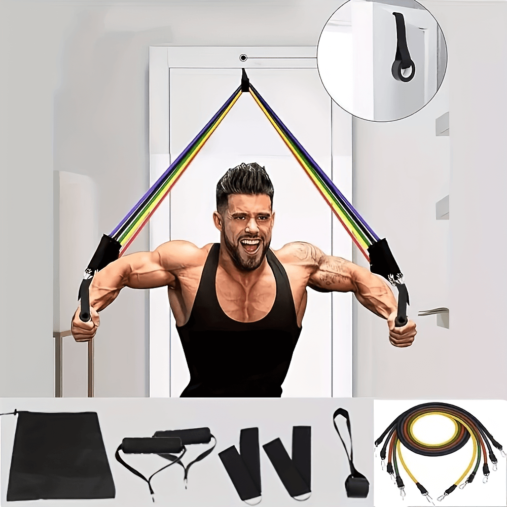 Man exercising with SF2965 colorful resistance band set, showing door anchor, handles, ankle straps, and carry bag for home gym workout.