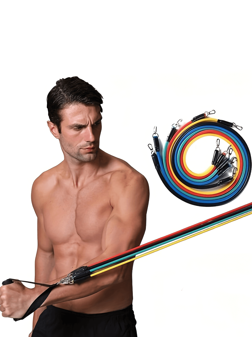 Man using 11pcs colorful resistance band set with handles for strength training at home or gym, includes door anchor and accessories.